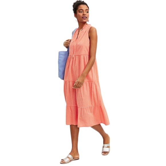 *NWOT* LOFT Sleeveless Tie Neck Tiered Midi/Maxi Dress, Coral Swiss/Clip Dot - Picture 2 of 11